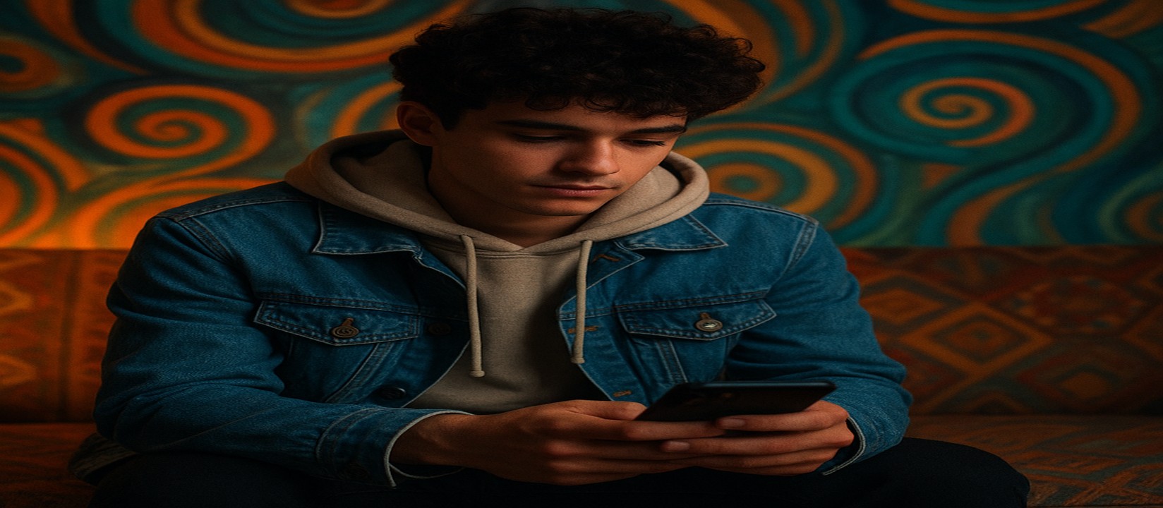 একজন ব্যক্তি আরামদায়ক সোফায় বসে 555w অ্যাপটি ব্যবহার করছেন