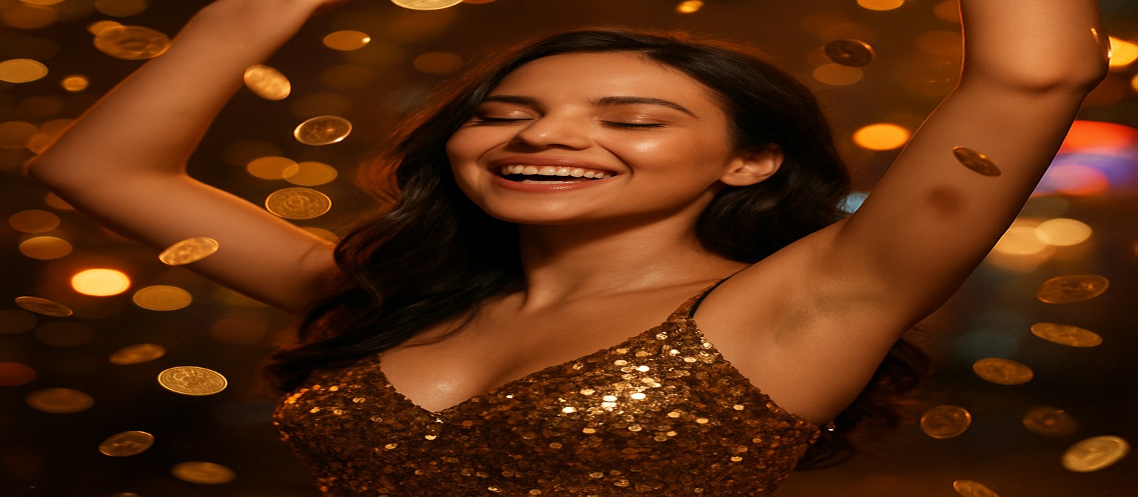 এভিয়েটর গেমে জয়ের আনন্দে উচ্ছ্বাসিত এক নারী, চারপাশে উড়ে বেড়াচ্ছে স্বর্ণমুদ্রা