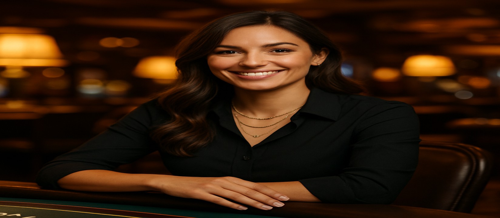 555w-এ একটি হাসিখুশি নারী খেলার টেবিলে বসে সামনে চিপ ও কার্ড রেখে বিস্তৃত খেলার বৈচিত্র্য উপস্থাপন করেন।
