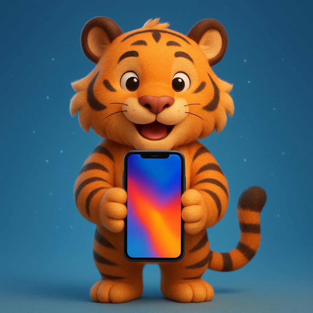 একটি স্মার্টফোনে 555w অ্যাপটি চালাচ্ছে এমন একটি কার্টুন বাঘশাবকের ছবি