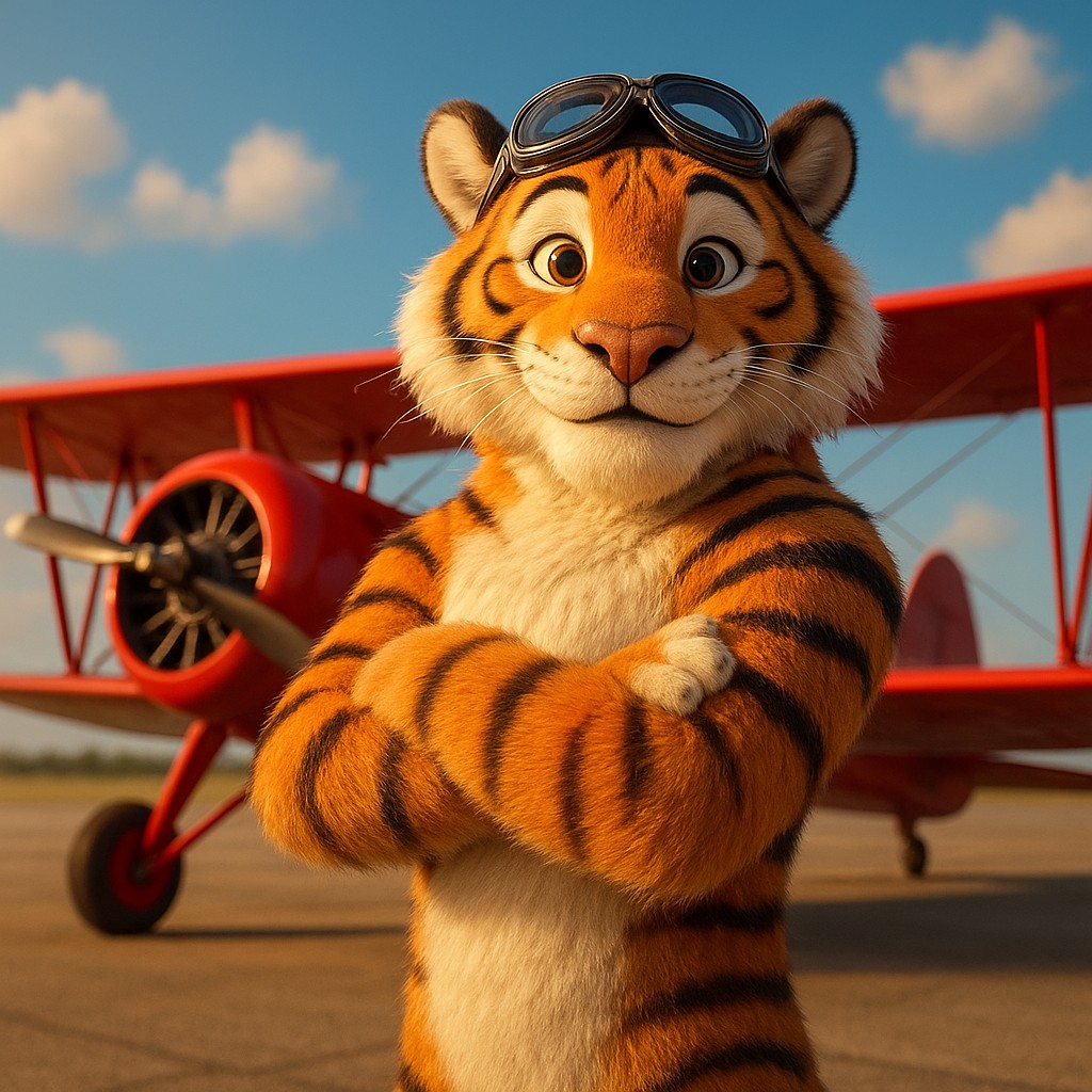 এভিয়েটর গেমের প্রতিনিধিত্বকারী প্রতীক হিসেবে লাল বিমানটির পাশে দাঁড়িয়ে থাকা টাইগার পাইলট