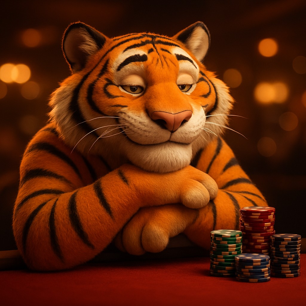 555w গেমিং প্ল্যাটফর্মে হাসিখুশি টাইগার শাবক একটি টেবিলে চিপ নিয়ে বসে আছে