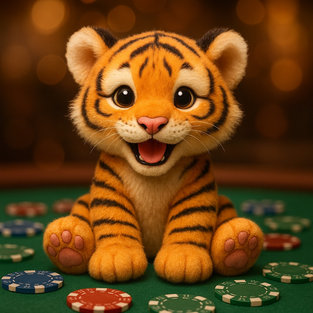 555w-এ একটি ছোট বাঘছানার বাচ্চা একটি টেবিলের ওপর খেলার জন্য রাখা চিপসসহ বসে আছে।