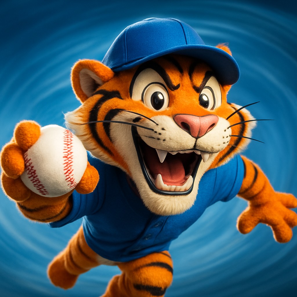 555w ক্রিকেট গেমিংয়ের প্রতীক হিসেবে ইউনিফর্ম পরা একটি আনন্দিত টাইগার শাবক, হাতে বল ধরে দাঁড়িয়ে আছে