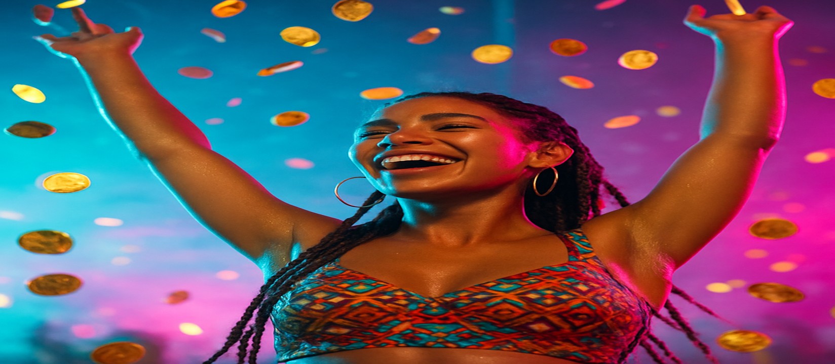 মুদ্রার ঝরনায় ভাসতে থাকা রঙিন পোশাকে একজন নারী